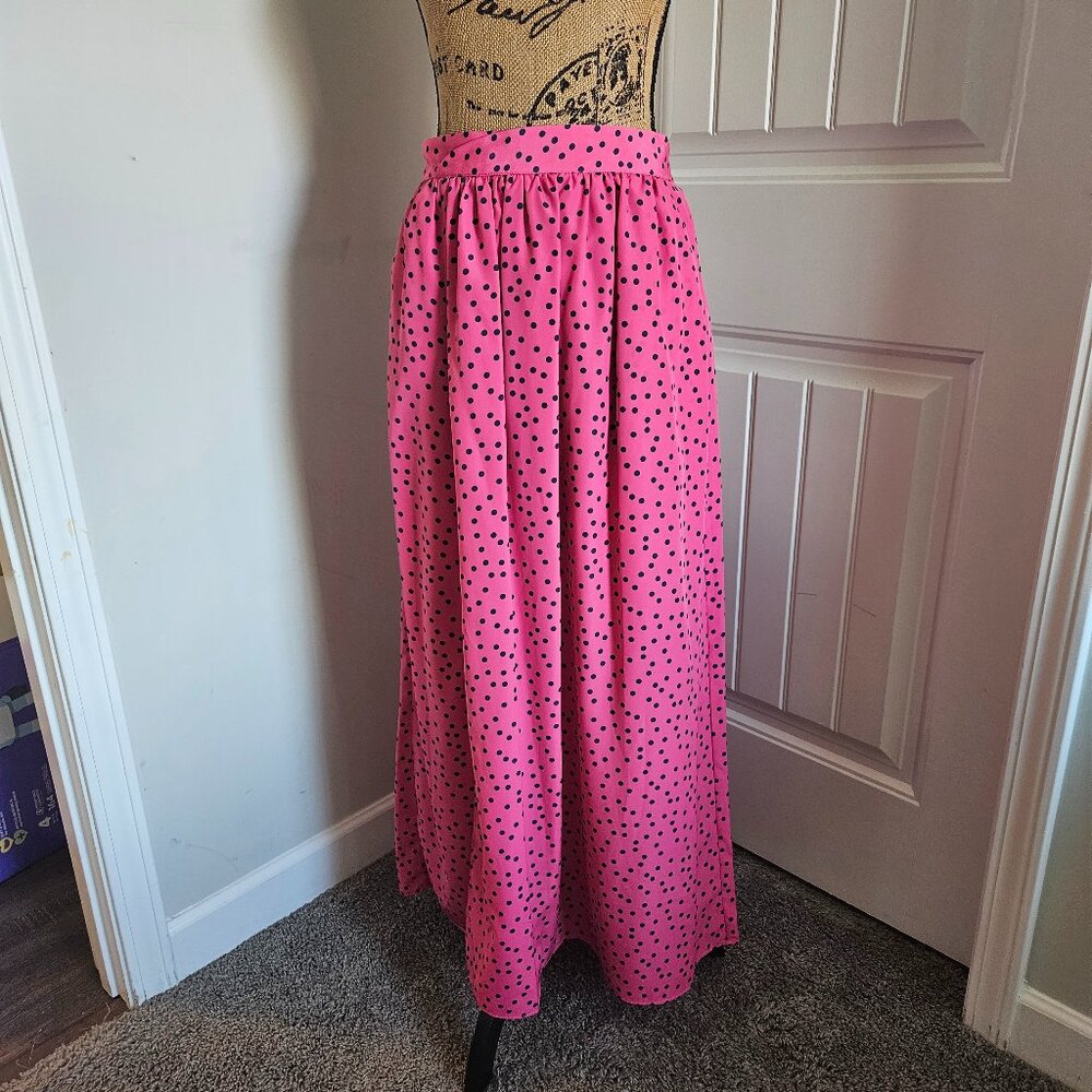 *SOLD*J.  Peterman Maxi Skirt Size 10 Pink Navy Polka Dot Print